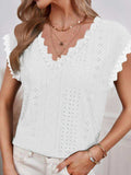 V-Neck Eyelet Short Sleeve Top - Trendsi - Flyclothing LLC