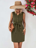 Buttoned V-Neck Belted Sleeveless Dress - Trendsi - Flyclothing LLC