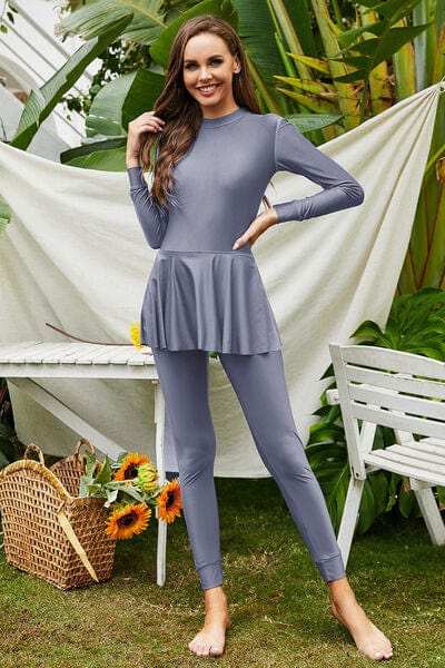 Mock Neck Long Sleeve One-Piece Swimwear - Trendsi - Flyclothing LLC