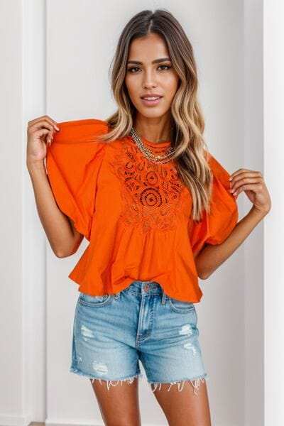 Openwork Round Neck Balloon Sleeve Blouse - Trendsi - Flyclothing LLC