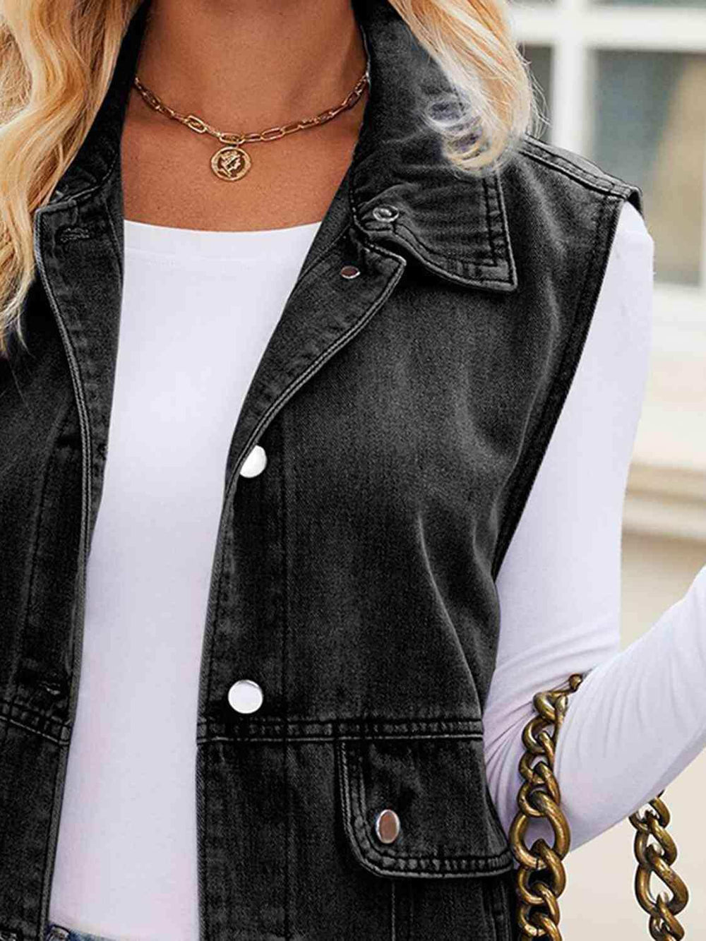 Button Up Collared Neck Denim Jacket with Pockets - Trendsi - Flyclothing LLC