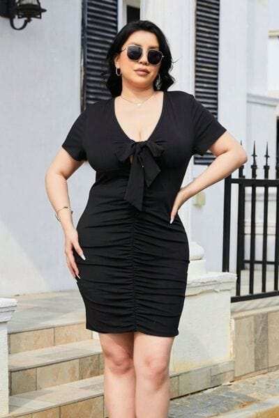 Plus Size Ruched Tied Short Sleeve Mini Dress - Trendsi - Flyclothing LLC