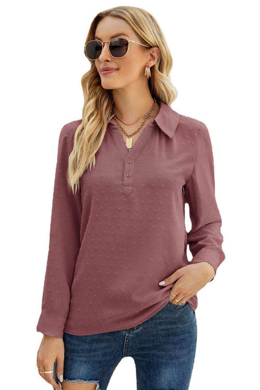 Swiss Dot Johnny Collar Blouse - Trendsi - Flyclothing LLC