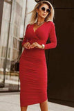 Ruched Surplice Long Sleeve Midi Dress - Trendsi - Flyclothing LLC