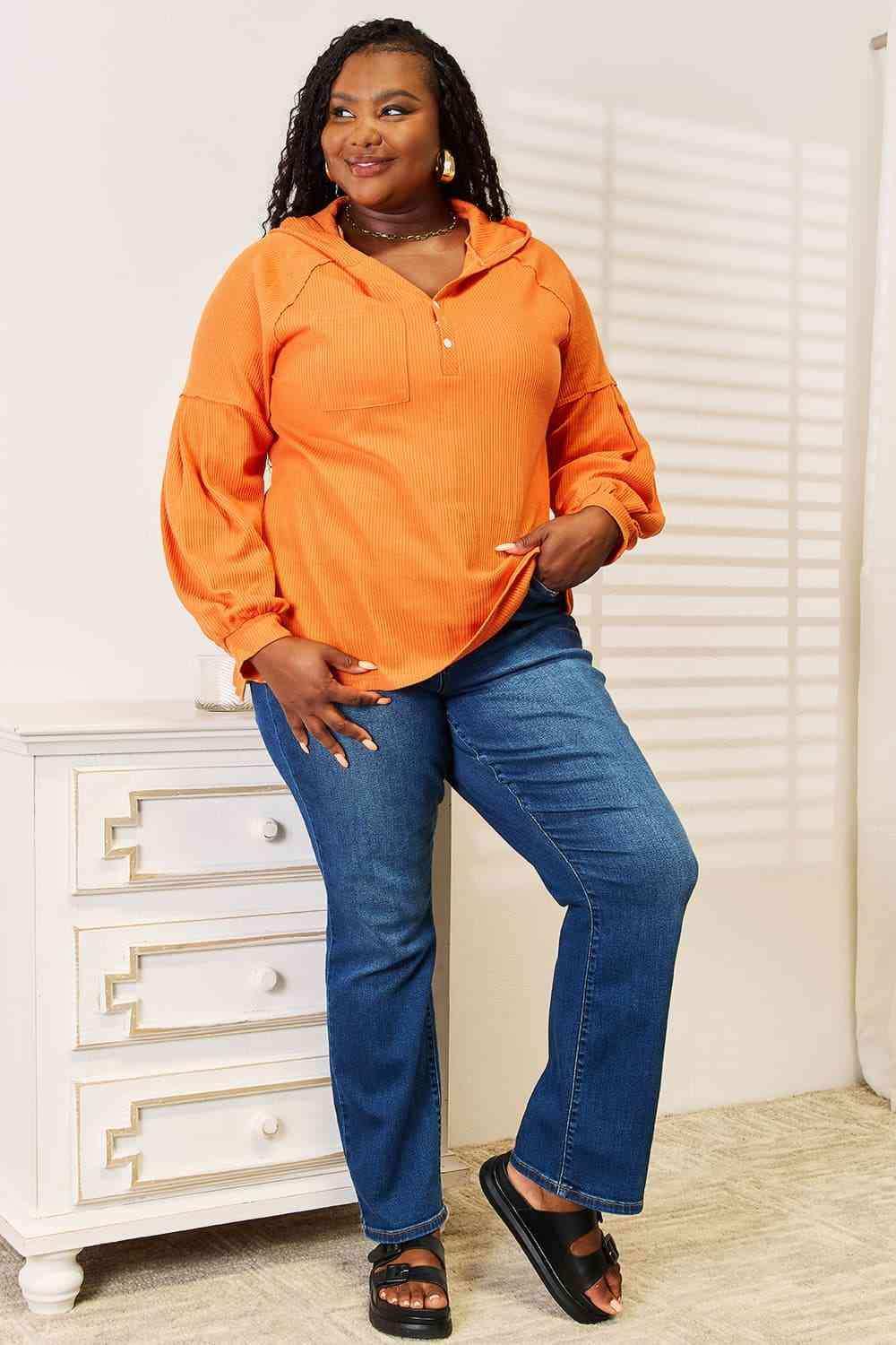 Basic Bae Side Slit Buttoned Waffle Knit Hoodie - Trendsi - Flyclothing LLC