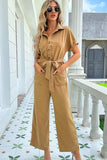 Tie Belt Buttoned Short Sleeve Collared Neck Jumpsuit - Trendsi - Flyclothing LLC