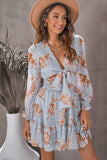 Floral Deep V Flounce Sleeve Mini Dress - Trendsi - Flyclothing LLC