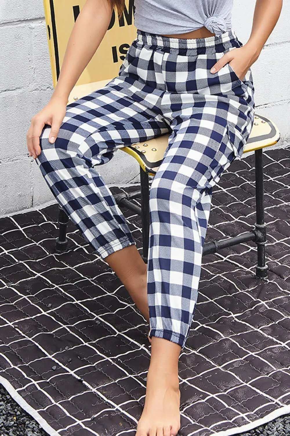 Plaid Elastic High Waist Cargo Pants - Trendsi - Flyclothing LLC