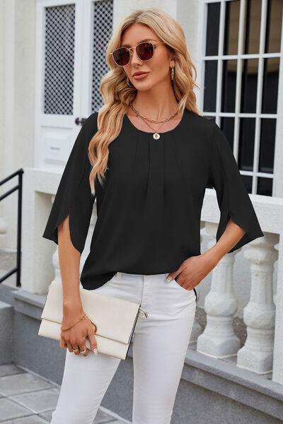 Round Neck Slit Half Sleeve Top - Trendsi - Flyclothing LLC