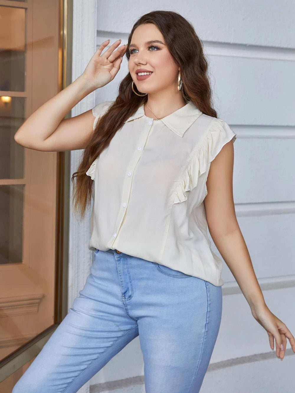Plus Size Ruffled Cap Sleeve Shirt - Trendsi - Flyclothing LLC