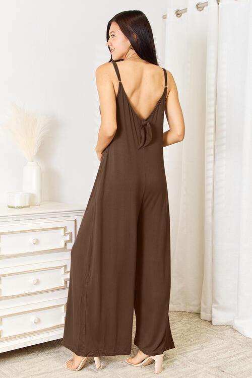 Double Take Full Size Soft Rayon Spaghetti Strap Tied Wide Leg Jumpsuit - Trendsi - Flyclothing LLC