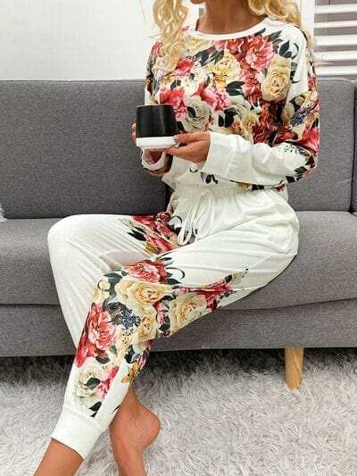 Printed Round Neck Top and Drawstring Pants Lounge Set - Trendsi - Flyclothing LLC