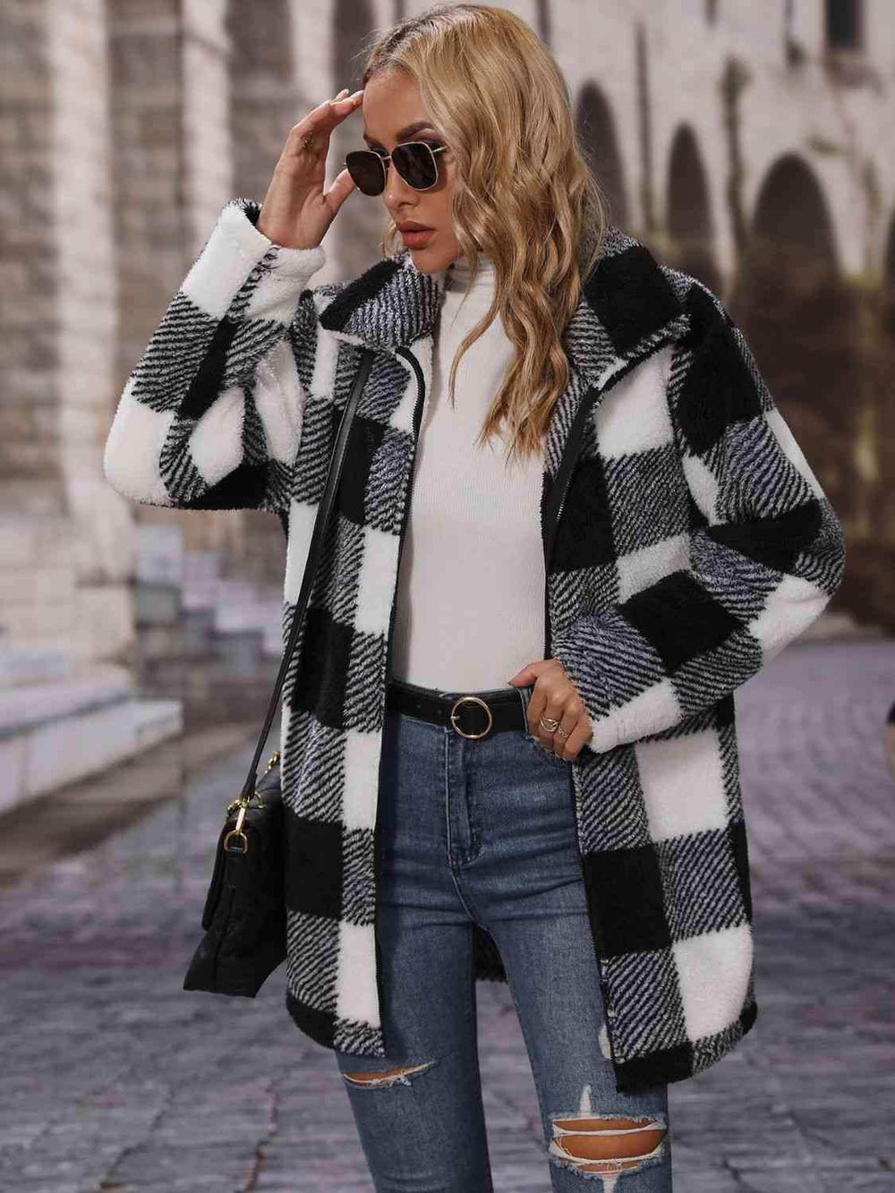 Plaid Collared Neck Coat with Pockets - Trendsi - Flyclothing LLC
