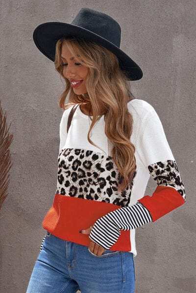 Waffle-Knit Leopard Round Neck Long Sleeve T-Shirt - Trendsi - Flyclothing LLC