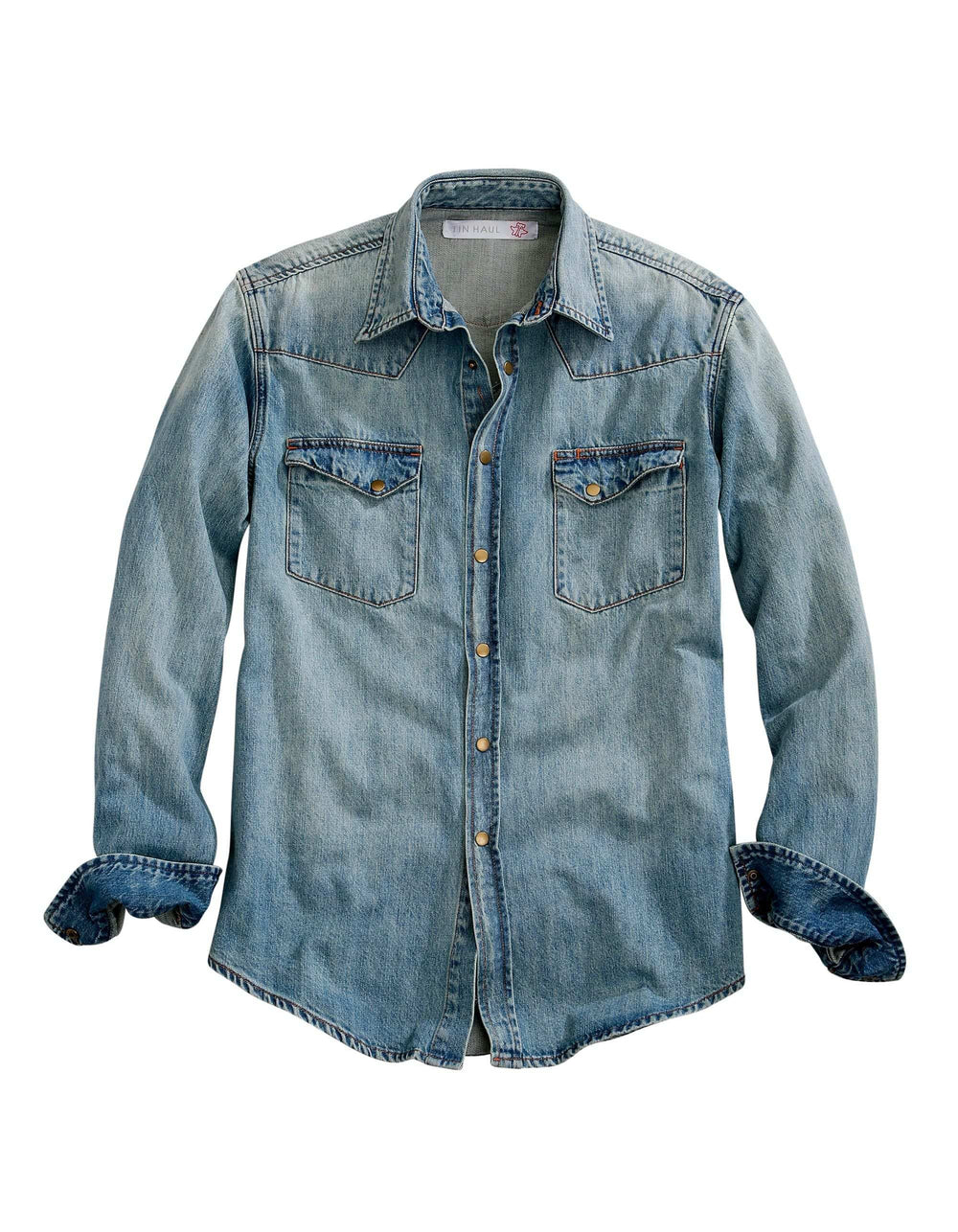 Tin Haul MENS LIGHT BLUE WESTERN DENIM LONG SLEEVE SNAP SHIRT WITH ASYMMETRICAL POCKETS FLAPS - Tin Haul - Flyclothing LLC