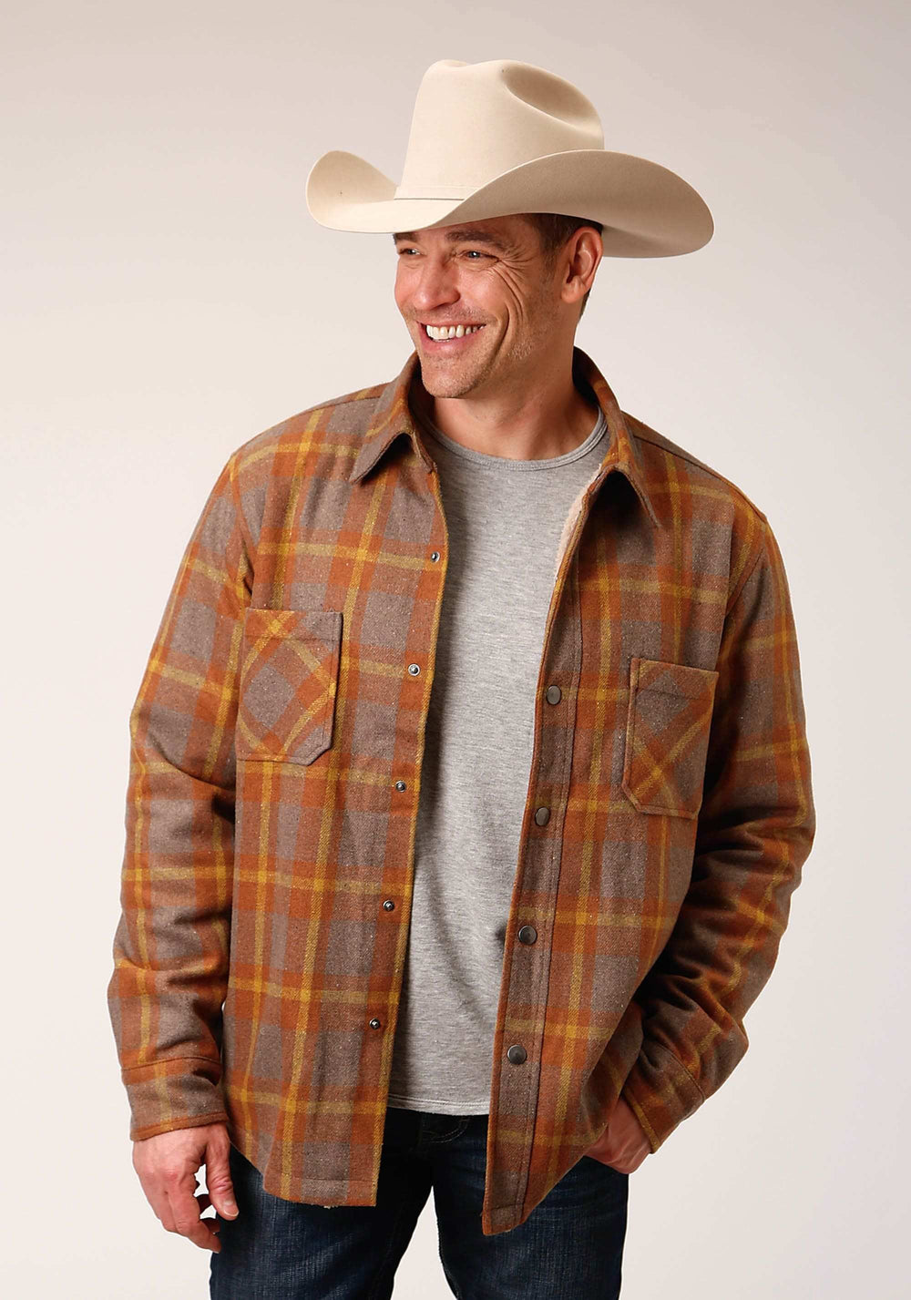 Tin Haul MENS SNAP ORANGE BROWN MULTI PLAID SHERPA LINED COAT SHIRT JACKET - Tin Haul - Flyclothing LLC