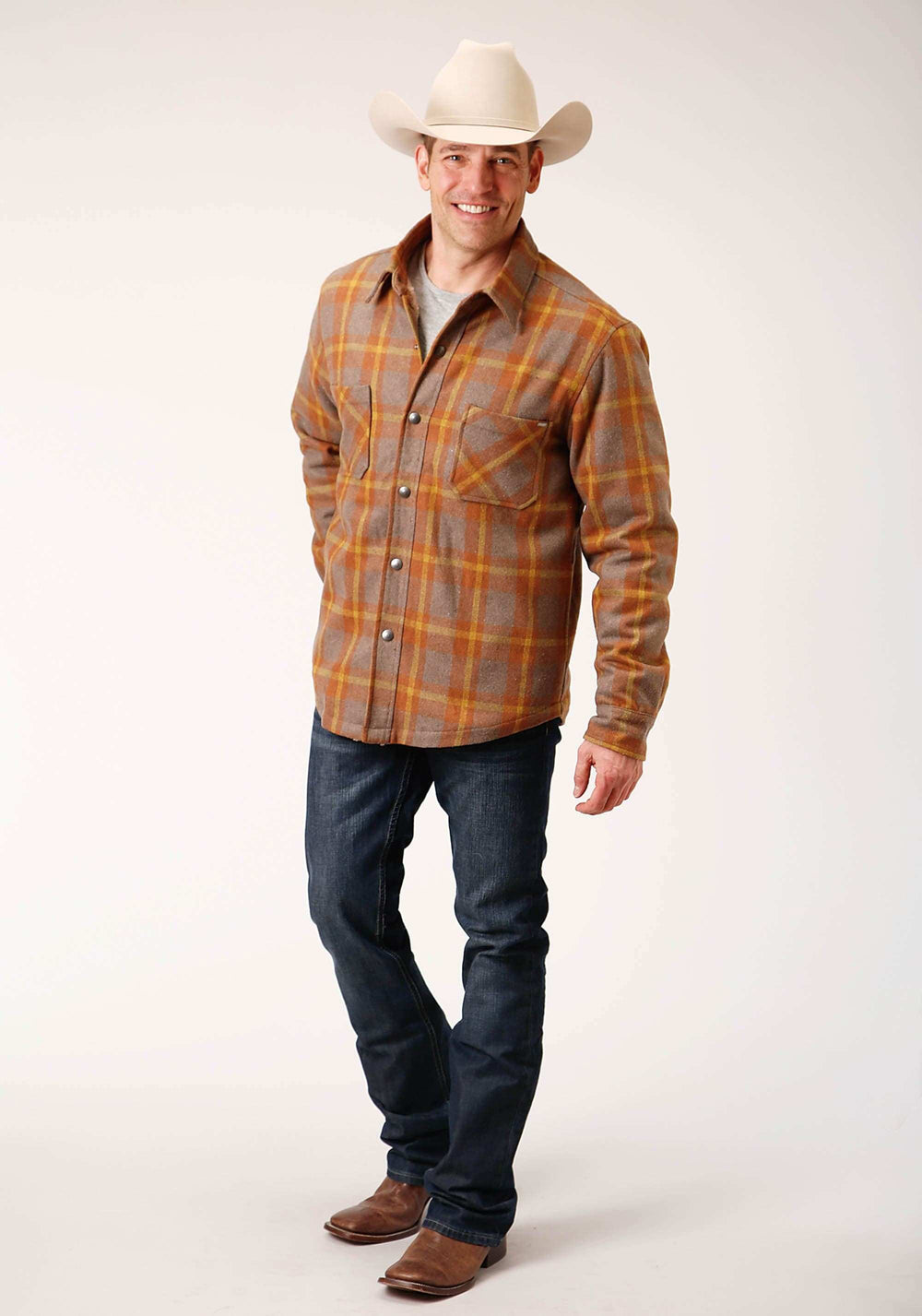 Tin Haul MENS SNAP ORANGE BROWN MULTI PLAID SHERPA LINED COAT SHIRT JACKET - Tin Haul - Flyclothing LLC