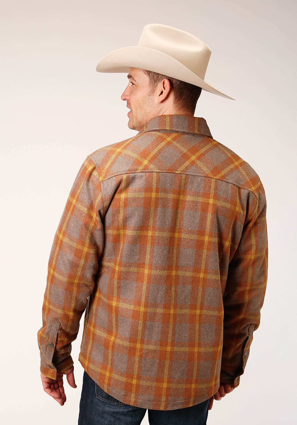 Tin Haul MENS SNAP ORANGE BROWN MULTI PLAID SHERPA LINED COAT SHIRT JACKET - Tin Haul - Flyclothing LLC
