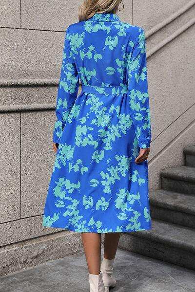 Printed Button Up Tie Waist Dress - Trendsi - Flyclothing LLC