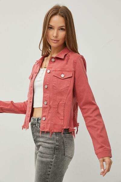 RISEN Raw Hem Button Up Cropped Denim Jacket - Trendsi - Flyclothing LLC