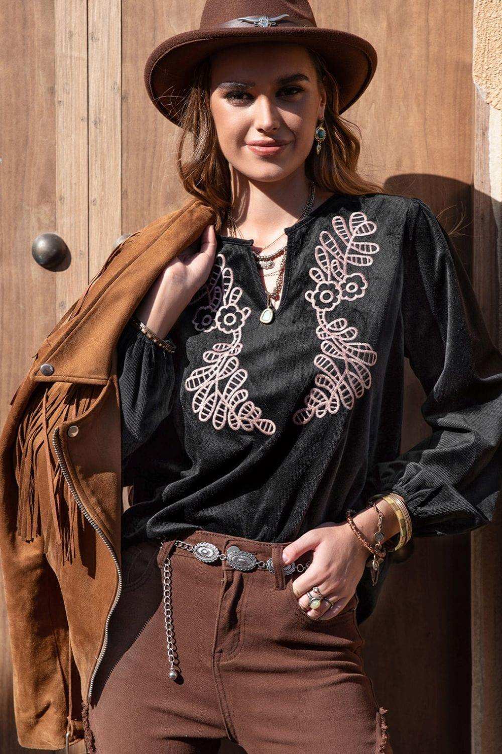 Notched Neck Long Sleeve Blouse - Trendsi - Flyclothing LLC
