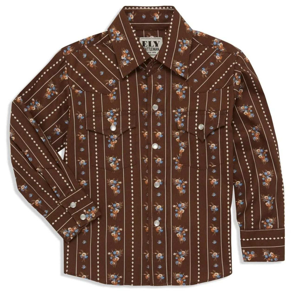 Boy's Ely Cattleman Long Sleeve Floral Stripe Print Snap Shirt- Brown & White - Ely Cattleman - Flyclothing LLC