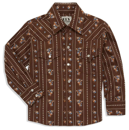 Boy's Ely Cattleman Long Sleeve Floral Stripe Print Snap Shirt- Brown & White - Ely Cattleman - Flyclothing LLC