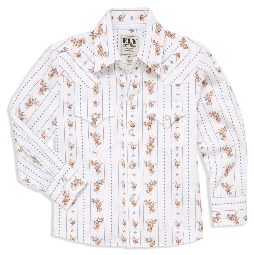 Boy's Ely Cattleman Long Sleeve Floral Stripe Print Snap Shirt- Brown & White - Ely Cattleman - Flyclothing LLC