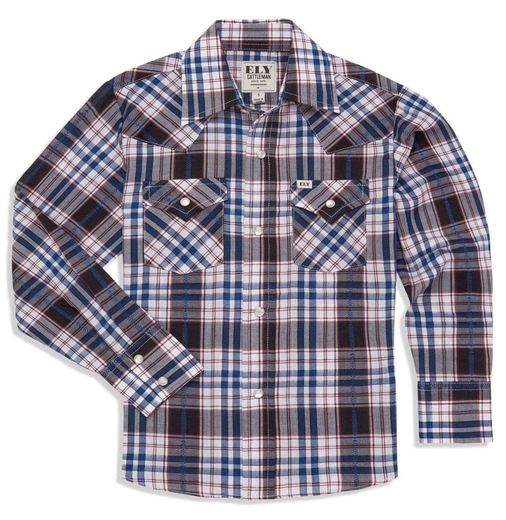Boy's Ely Cattleman Long Sleeve Textured Aztec Plaid Western Snap Shirt- Black & Hunter Green - Ely Cattleman - Flyclothing LLC