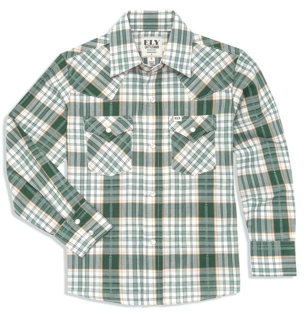Boy's Ely Cattleman Long Sleeve Textured Aztec Plaid Western Snap Shirt- Black & Hunter Green - Ely Cattleman - Flyclothing LLC