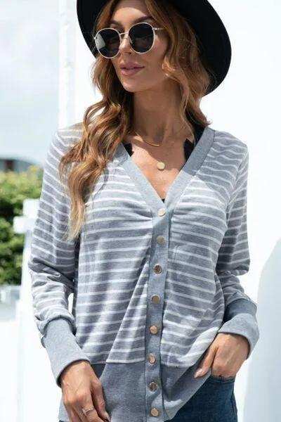 Striped Button Up Long Sleeve Cardigan - Trendsi - Flyclothing LLC