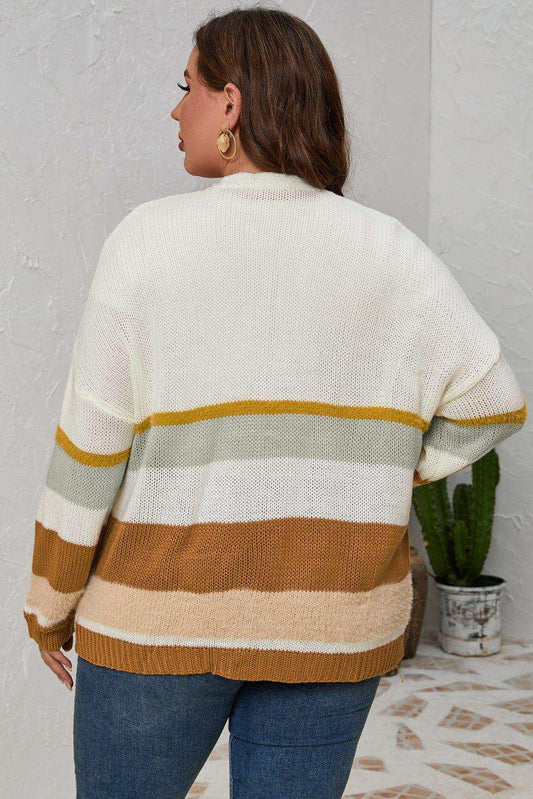 Plus Size Color Block Long Sleeve Cardigan - Trendsi - Flyclothing LLC