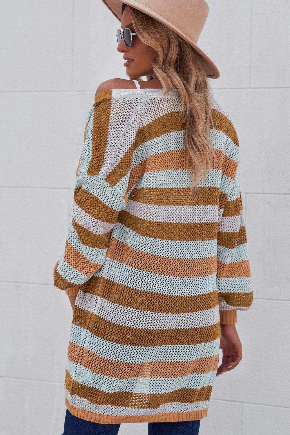 Full Size Striped Long Sleeve Openwork Cardigan - Trendsi - Flyclothing LLC