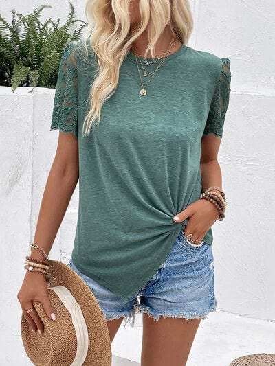 Lace Detail Short Sleeve Round Neck T-Shirt - Trendsi - Flyclothing LLC