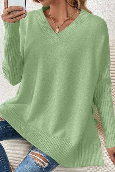 Slit V-Neck Dropped Shoulder Sweater - Trendsi - Flyclothing LLC