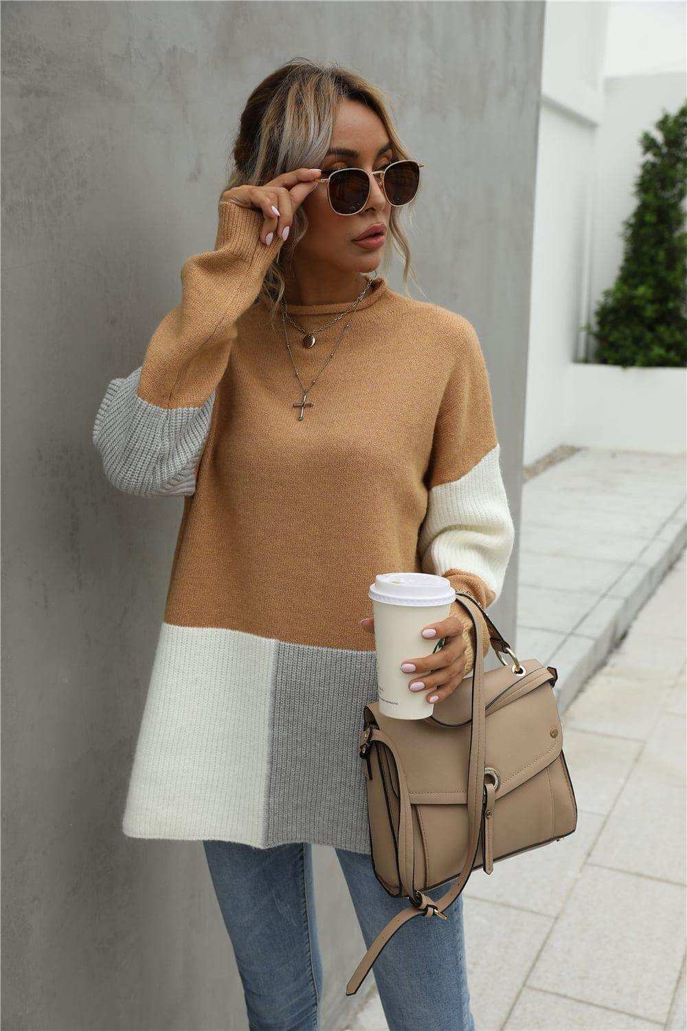 Color Block Round Neck Dropped Shoulder Sweater - Trendsi - Flyclothing LLC