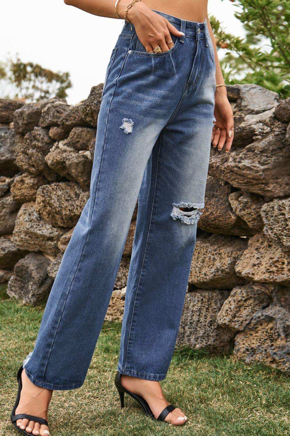 Distressed Buttoned Loose Fit Jeans - Trendsi - Flyclothing LLC
