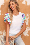 Multicolored Flutter Sleeve Round Neck Blouse - Trendsi - Flyclothing LLC