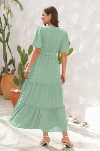 Swiss Dot Tied Surplice Short Sleeve Dress - Trendsi - Flyclothing LLC