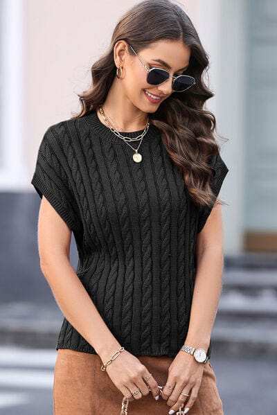Cable-Knit Round Neck Cap Sleeve Sweater - Trendsi - Flyclothing LLC