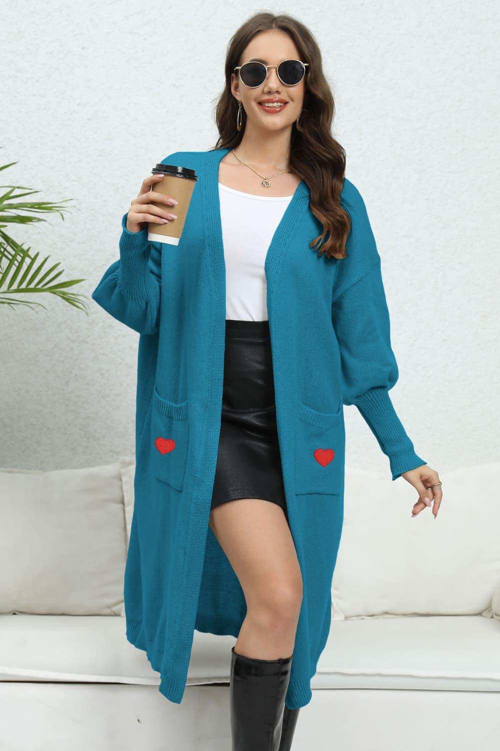 Lantern Sleeve Open Front Pocketed Cardigan - Trendsi - Flyclothing LLC