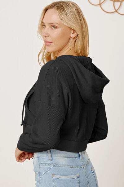 Waffle-Knit Drawstring Zip Up Hoodie - Trendsi - Flyclothing LLC