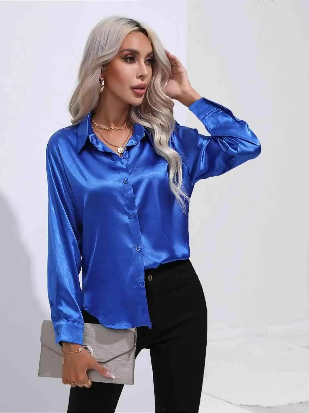 Collared Neck Buttoned Long Sleeve Shirt - Trendsi - Flyclothing LLC