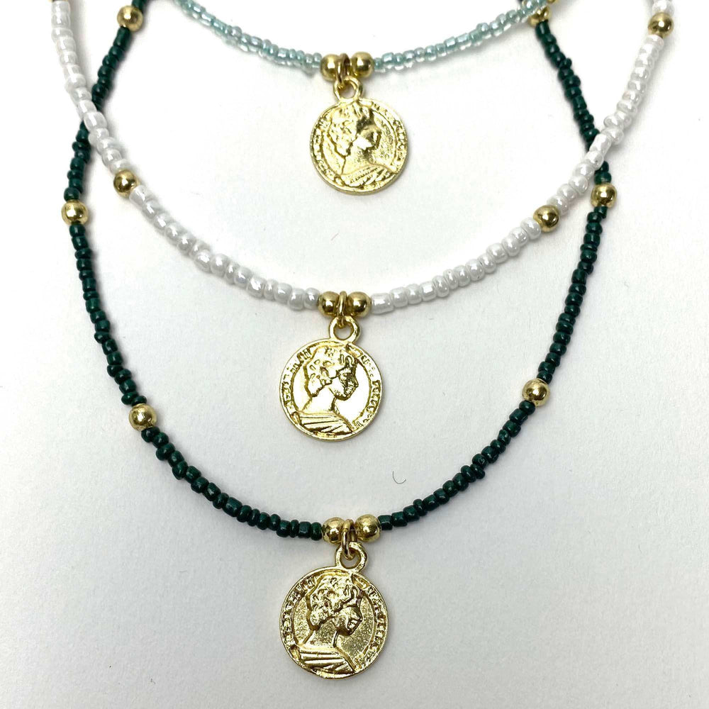Baby blue Glass Bead Choker with Brass Coin Pendant - Asha Handicrafts - Flyclothing LLC