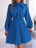 Tie Neck Balloon Sleeve Pleated Dress - Trendsi - Flyclothing LLC