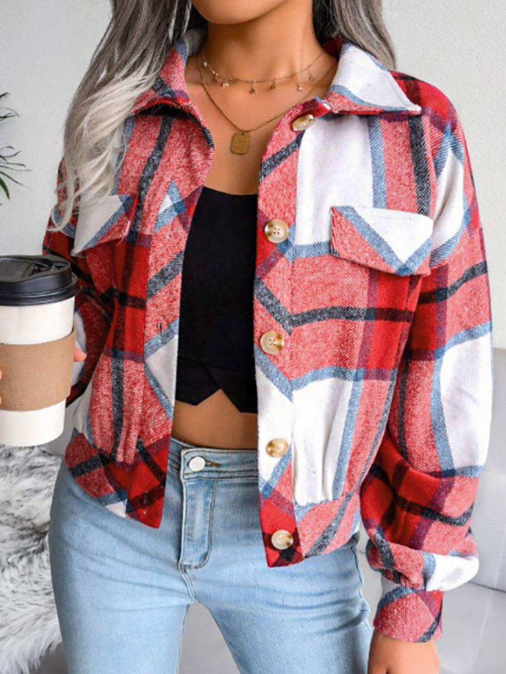 Plaid Collared Neck Drop Shoulder Jacket - Trendsi - Flyclothing LLC