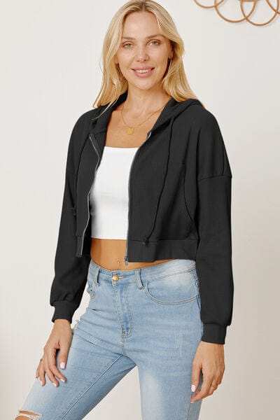 Waffle-Knit Drawstring Zip Up Hoodie - Trendsi - Flyclothing LLC