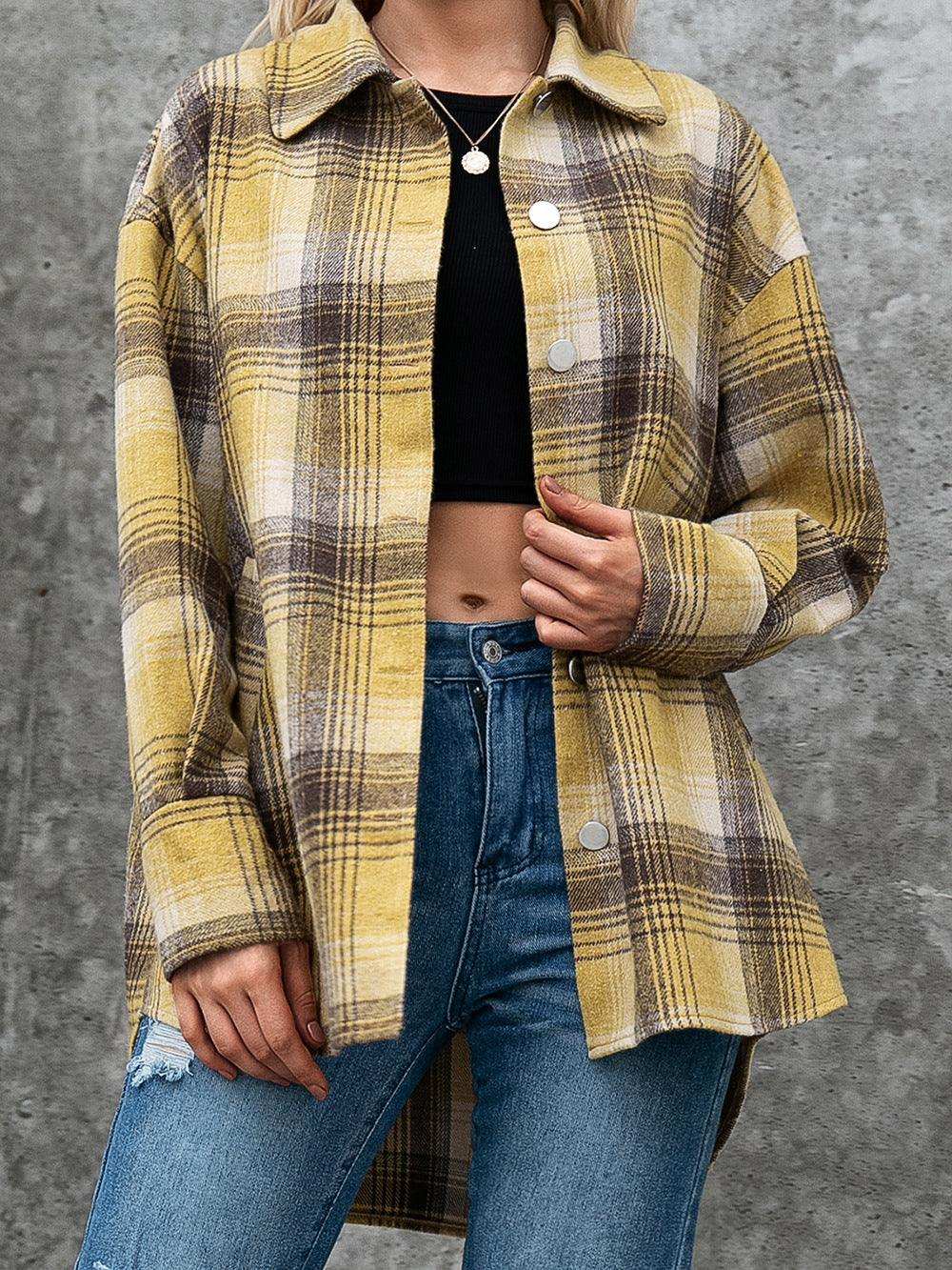 Plaid Collared Neck Long Sleeve Shirt - Trendsi - Flyclothing LLC