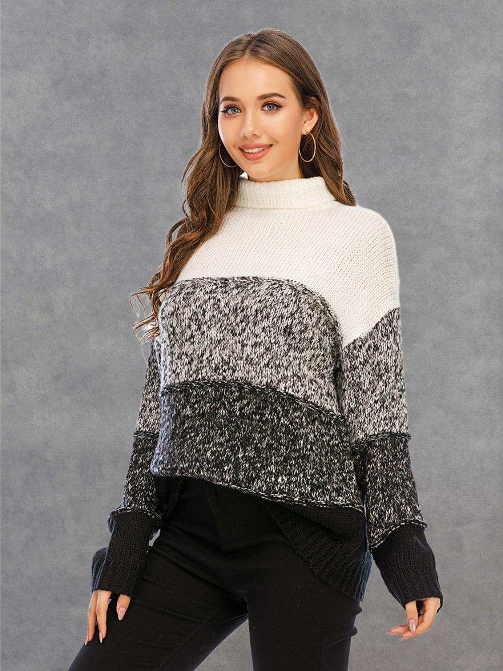 Color Block Turtleneck Sweater - Trendsi - Flyclothing LLC