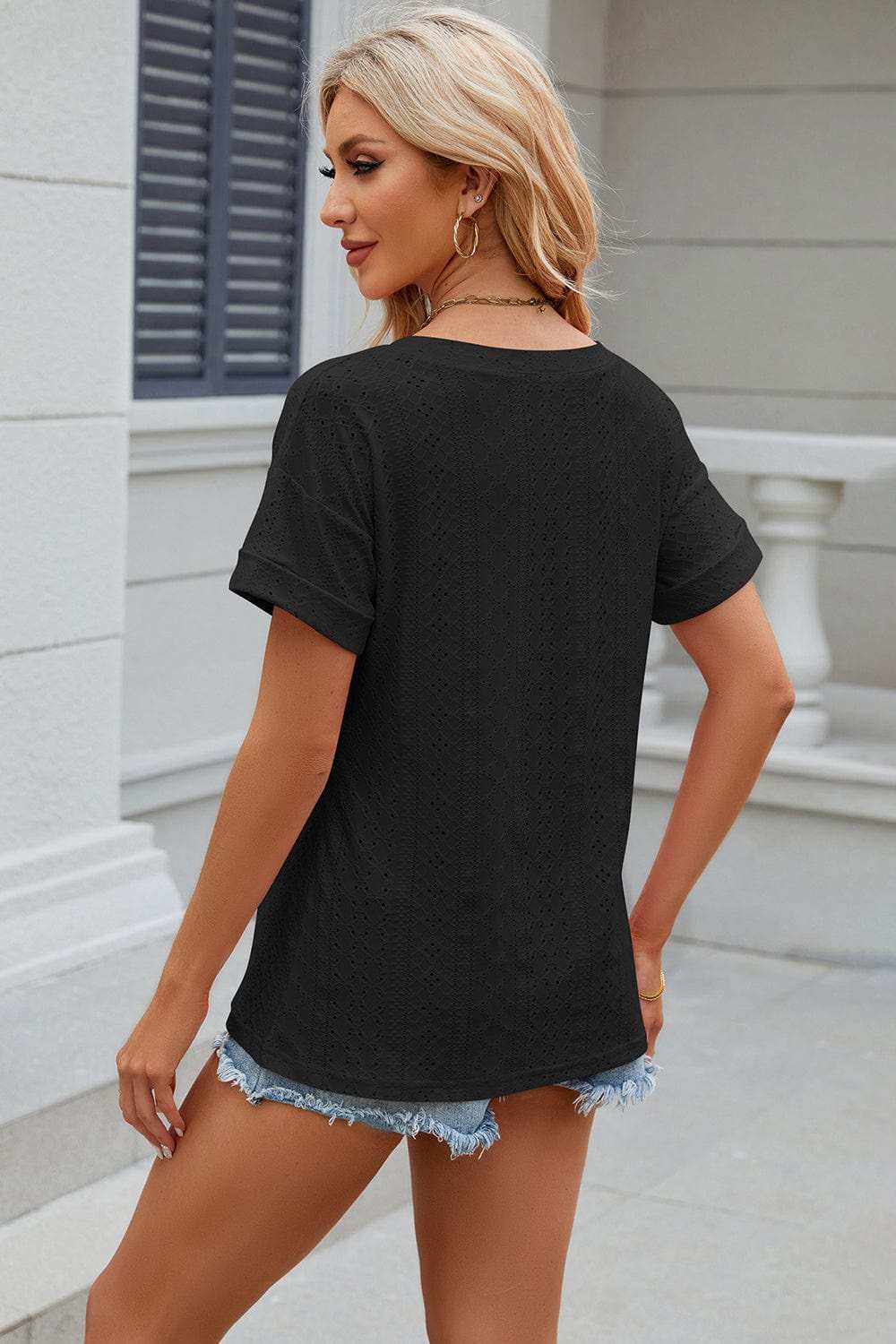 Eyelet V-Neck Short Sleeve T-Shirt - Trendsi - Flyclothing LLC